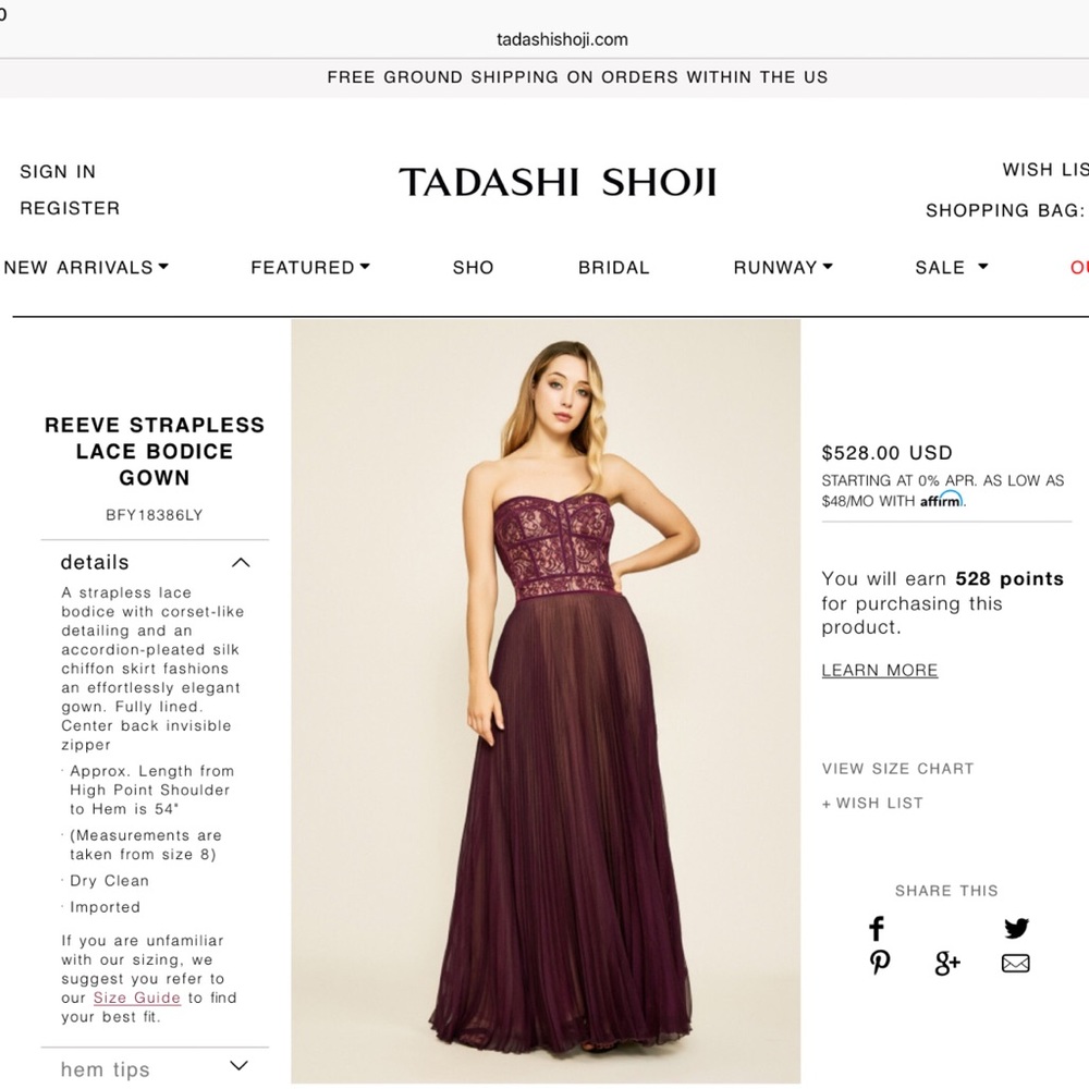 Tadashi  shoji strapless lace dress gown burgundy - Picture 6 of 11